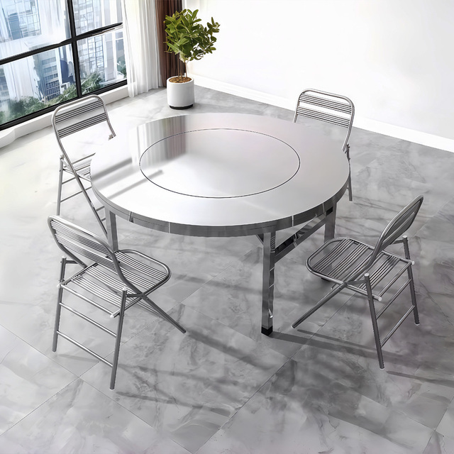 Heavy Duty 360 Rotating Stainless Steel Iron Folding Banquet Dining Table Leather Top Lazy Susan Turntable Multi-Scenario Use