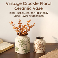 Ensemble de 2 vases en céramique vintage à glaçure craquelée, motif floral botanique peint à la main, décoration rétro pour la maison, centre de table