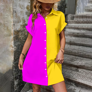 Femmes élégant ample à manches courtes été revers jupe bouton poche robe de soirée grande taille couleur bloc tombé droite - Product Image 5