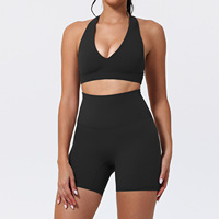Ensemble 2 pièces de vêtements de yoga pour femmes, col en V, dos nageur, en tissu brossé solide, séchage rapide, respirant, grandes tailles, écologique et recyclable