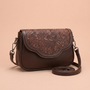 Brown Embossed Floral Handtooled Genuine Leather Single <b>ZIP</b> Vintage Crossbody Shoulder Bag PU Lined Flap Purse for Daily Travel - Product Image 1