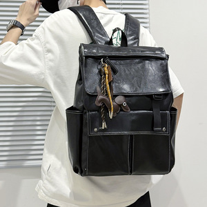Laptop <b>Backpack</b> Pu Soft Leather Unisex <b>Large</b> Capacity 13 Inches Business Travel Commuter Bag Solid Color Youth Style - Product Image 2