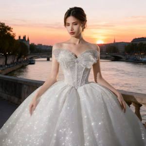 Hiện Đại Thai Sản Cộng Với Kích Thước Dài Một Vai Strapless Ren Puffy Váy Váy Cưới Với Thoáng Khí Thân Thiện Với Môi Vải - Product Image 4