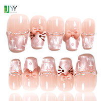 Faux ongles à presser Coquette 3D en gel avec pierres précieuses et nœud, faits main, effet œil de chat en velours rose, vente en gros, luxe nuptial