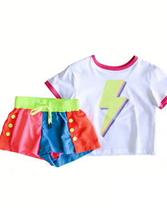 Ensemble de vêtements pour filles, t-shirt et short de sport à motif d'éclair, décontracté, été, 2 pièces, nouveaux designs, vêtements tendance pour sœurs - Product Image 2