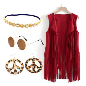 Nouvel ensemble hippie années <span class=keywords><strong>60</strong></span>-70 : Gilet, Bandeau, Lunettes de soleil, Collier, Boucles d'oreilles, Cardigan à franges – Idéal pour Halloween, Soirées dansantes, Disco, Cosplay - Product Image 4