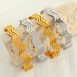 European American Style Titanium Steel Three Layer Wave Earrings Open <b>Bracelet</b> Ring Set For Women Party Jewelry - Product Image 2