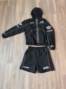 Clothing Manufacturer Custom Nylon Windbreaker Y2K Reflective Pattern Full <b>Zip</b> Mock Neck Shorts Men's Tracksuit Set - Product Image 3
