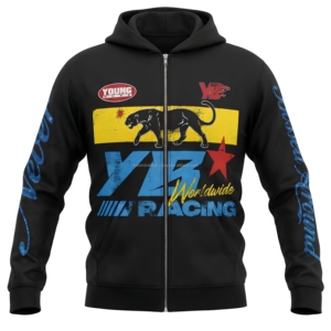 Sweat-shirt décontracté pour homme Young Blood Racing, à fermeture éclair sur le devant, imprimé, en polyester noir, avec logo panthère et manches bleues - Product Image 1
