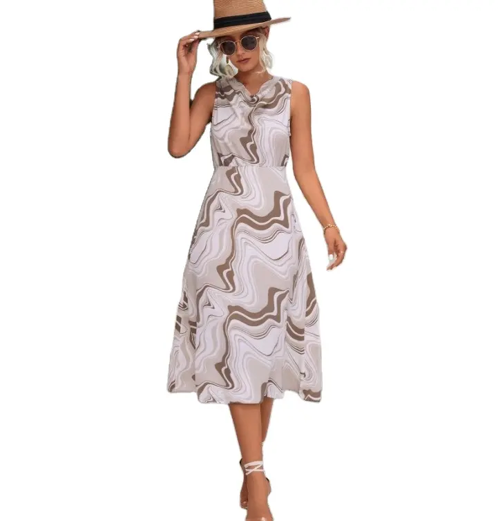 Sexy water wave print sleeveless dress vacation beach sun dress for women