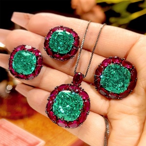 Fashion Eco-friendly Copper Wedding Jewelry Emerald Necklace <b>Set</b> 14*14-12*12mm Green Cubic Zirconia Square <b>Earrings</b> Rings <b>Set</b> - Product Image 2