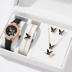 Hot Koop Luxe Mode Vlinder Vrouwen Lederen Riem Horloge Sieraden Set Meisje Ketting Armband Polshorloge Set