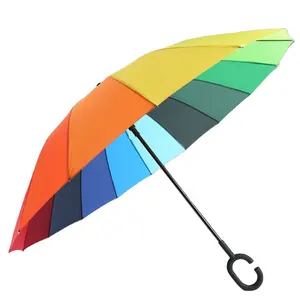 China Umbrella supplier C handle free hand umbrella pongee fabric long16 k rainbow umbrella