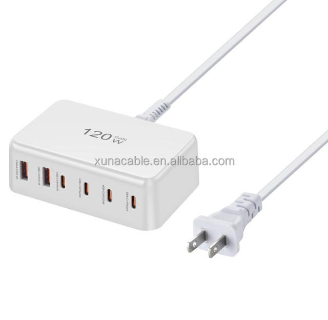 120W High-Power Laptop Charger Multi-Port Fast Charger 2A + 4C QC3.0 PD Gan Material EU/UK/US