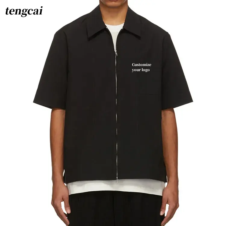 Teng cai Black zip up men short sleeves shirts cotton canvas chest patch pocket customized logo mens summer shirts