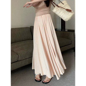 High Waist Solid Color Chiffon Long <b>Skirt</b> Women A Line <b>Elastic</b> Waist Summer Korean Style Elegant Versatile Maxi <b>Skirt</b> - Product Image 3