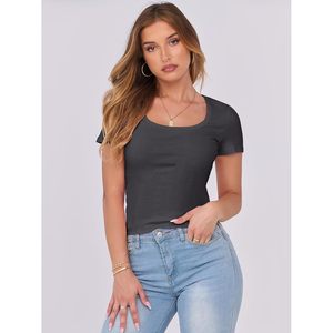 Camiseta de Mujer de Manga Corta, Tejido Acanalado, Cuello Redondo, Corte Ajustado, Informal, Básica, para Verano, Primavera 2026 - Product Image 2
