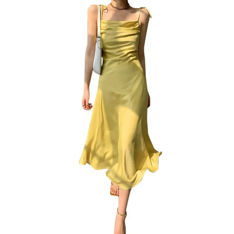 2022 Summer New Temperament Slim Long Skirt Pleated Satin Suspender Dress Women's Clothing