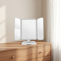 Miroir de maquillage LED de bureau rechargeable en gros, boîte de rangement, table de toilette pliable à trois côtés réglable, double face éclairée
