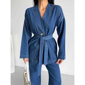 ชุดกิโมโนเดนิม 1801 ลายปักดอกไม้ ผ้าฝ้ายทอ ทรงเข้ารูป ท็อปยาวคลุมเข่า มีไซส์ XS XXS XL XXL สำหรับฤดูร้อน - Product Image 4