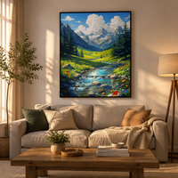 Kit de peinture par numéros DIY encadré sur mesure, paysage de montagne, rivière et prairie, peinture acrylique sur toile pour adultes, décoration intérieure