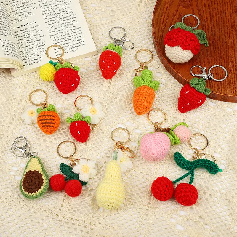 Handmade Knitted Carrot Avocado Strawberry Cherry Creative key chains Wool Crochet Woven Pendant Keychain