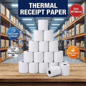 Rollo Térmico 80x80 con Revestimiento Uniforme Resistente al Calor, 100% Material Nuevo, Probado por Control de Calidad, Envío Rápido, Papel para Recibos POS, Papel para <span class=keywords><strong>Caja</strong></span> <span class=keywords><strong>Registradora</strong></span> - Product Image 1