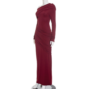 Viviblook J25DS374 Ropa de Otoño Invierno Vestidos de Mujer Nuevo Color Sólido Elegante Ajustado Cuello Asimétrico Vestido Plisado - Product Image 4