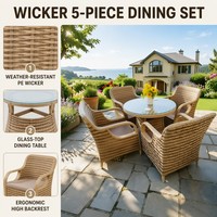Ensemble de canapé de jardin en rotin PE résistant aux UV avec structure en fer et verre, 4 chaises et 1 table, utilisation intérieure, balcon, cour, terrasse