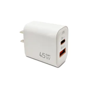 Cargador rápido GaN de 45W superventas, 2 puertos USB tipo C para iPhone 13 14 15 para AirPods y portátiles, protección contra sobrecorriente