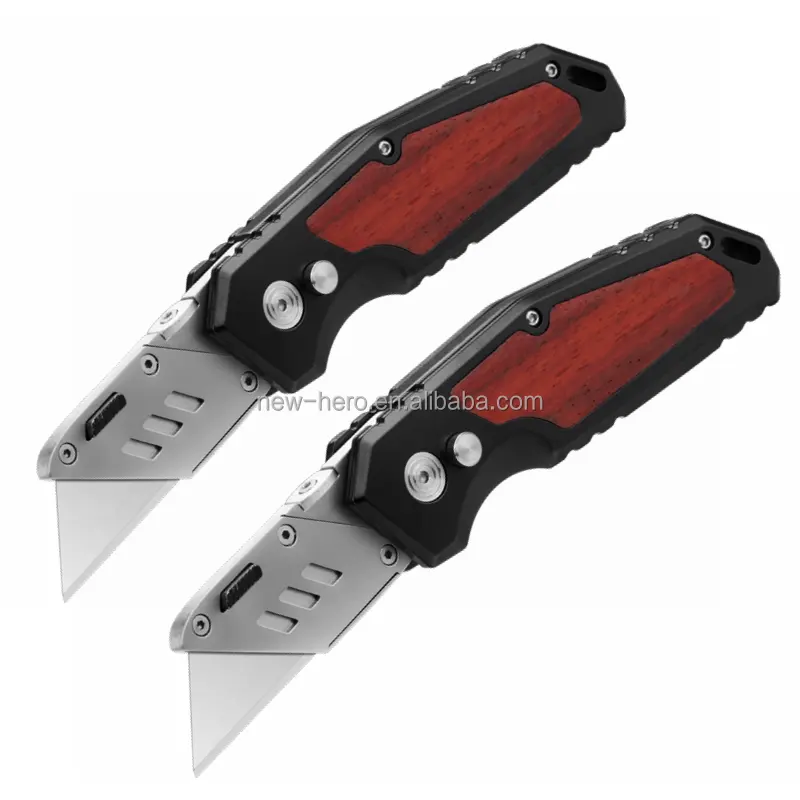 Ergonomic aluminium Wood inlay Handle heavy Duty Cool Box Joint Folding Cutter Knife Outdoor Sport Cutting Folding Utility Knife