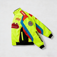 Blouson de course vintage en polyester personnalisé, jaune fluo, avec lettrage en chenille et écussons de course, coupe-vent, style bomber pour motard