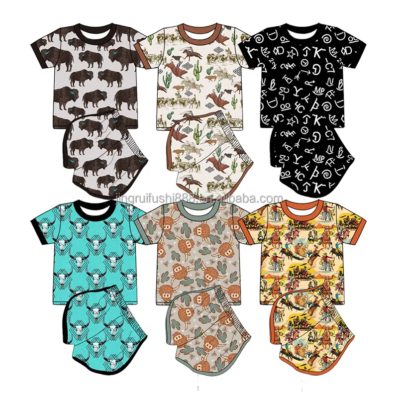Individueller Sommer Western-Stil Rindermuster Kinder Babykleidung-Sets Milch Seidenstoff T-Shirt Oberteil und Taschenshorts 2-teiliges Set