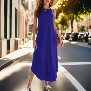 Women's High Neck Sleeveless <b>Loose</b> Midi <b>Dress</b> Solid Color Asymmetrical Hem Breathable Woven Casual Summer <b>Dress</b> - Product Image 2