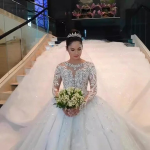 Wedding Dress Ball Gown Long Sleeve Lace Sweetheart Neckline Princess Waist White Vintage Style Full Length Train - Product Image 2