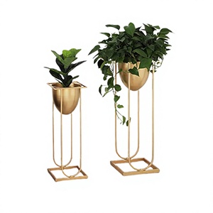Set Of 2 Metal <b>Gold</b> Color <b>Plant</b> <b>Pot</b> Attractive Design Round Shape Planter With Iron Stand For Indoor And Outdoor Use - Product Image 1