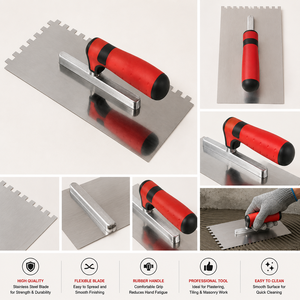 Truelle à plâtrer professionnelle Gurmala à denture crantée avec manche en caoutchouc et lame en acier pour le ciment, le mortier, le nivellement des murs et des sols, et les travaux de maçonnerie - Product Image 3