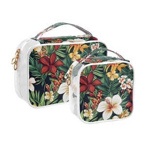 Ensemble de 2 pièces Hawaï personnalisé : Sacs de rangement transparents pour maquillage et trousse de toilette de voyage, motif fleur d'hibiscus Puakenikeni rose vintage - Product Image 2