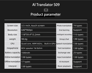 Traductor de Voz Portátil S09 con Pantalla de 3.5 Pulgadas, Compatible con 138 Idiomas en Línea y 19 Sin Conexión, Traducción Simultánea Inteligente con IA - Product Image 4