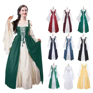 Hot Sale Ladies' Dress Square Collar Bundle Waist Medieval Renaissance Vintage Dress For Women