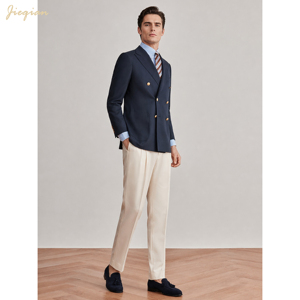 <span class=keywords><strong>Blazer</strong></span> sur mesure <span class=keywords><strong>bleu</strong></span> <span class=keywords><strong>marine</strong></span> croisé pour <span class=keywords><strong>homme</strong></span> en mélange de laine, veste de costume avec boutons dorés, revers pointus, coupe ajustée - Product Image 2