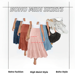Ecowalson Women High Waist Chiffon Midi <b>Skirts</b> <b>Boho</b> Style A-Line Ruffles Solid Color Retro Fashion Summer Casual Wear - Product Image 2