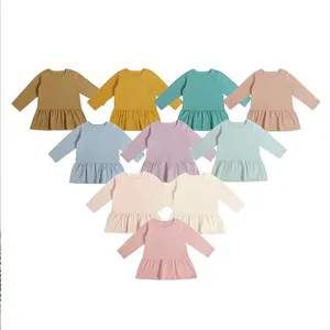 Nouvelle mode jupe à manches longues pour tout-petits avec logo personnalisé d'automne robe à col rond en tricot uni de couleur unie pour enfants et filles