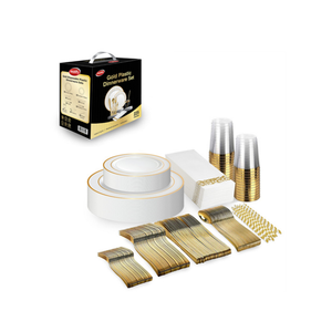 Custom Gold Dinner Plate Dessert Silverware Cup Napkin Straw Disposable Plastic Tableware Dinnerware Set for Wedding Party Event