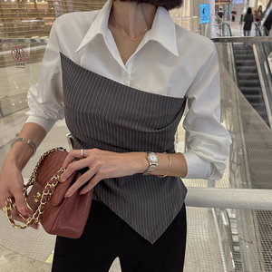 Camisa Feminina de Manga Longa com Gola Contrastante e Listras Irregulares, Estilo Boutique por Atacado - Product Image 3