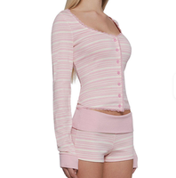 Ensemble pyjama rayé rose pour femmes, haut boutonné avec garniture en dentelle et short, vêtements de nuit, tenue deux pièces