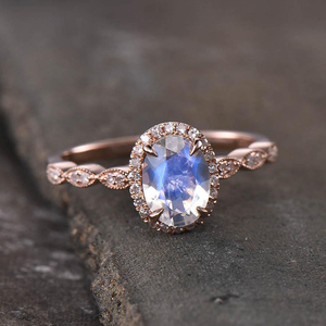 Anillos de Compromiso de Plata de Ley 925 Chapados en Oro Rosa al por Mayor, Anillo de Piedra Lunar Natural con Corte Ovalado - Product Image 1