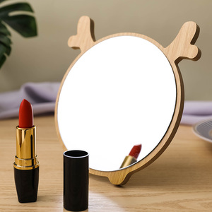 Miroir de maquillage de bureau en bois, rond, portable, à une seule face, pour étudiants et dortoirs - Product Image 1