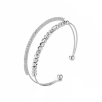 Brazalete Abierto de Doble Capa Chapado en Oro Vintage con Cadena de Cuentas de Diamantes de Imitación, Joyería para Regalo de Fiesta o Aniversario