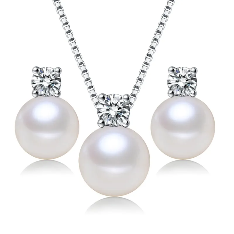 Collar y pendientes de perlas naturales de agua dulce, conjunto de joyería de perlas cultivadas de agua dulce 925
